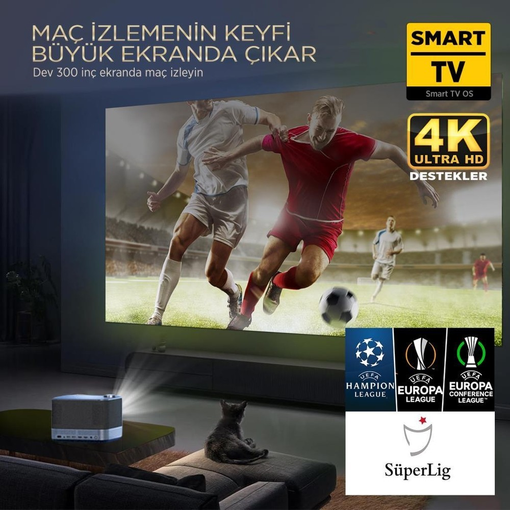 Projektör büyük ekranda futbol maçı gösteriyor. Önünde küçük bir kedi oturuyor.