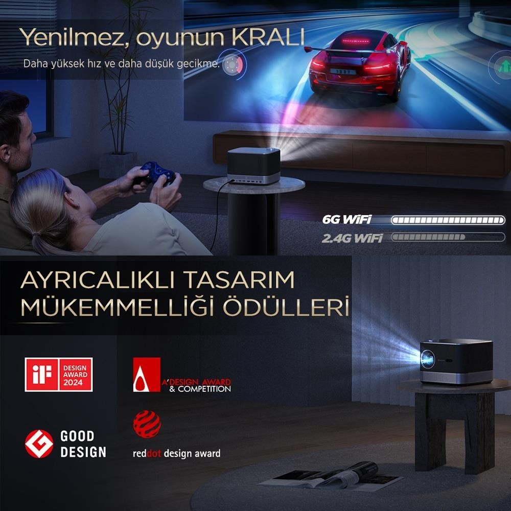 Bir çift, projektörle aydınlatılan ekranda video oyunları oynuyor. Wi-Fi çubukları gösteriliyor.