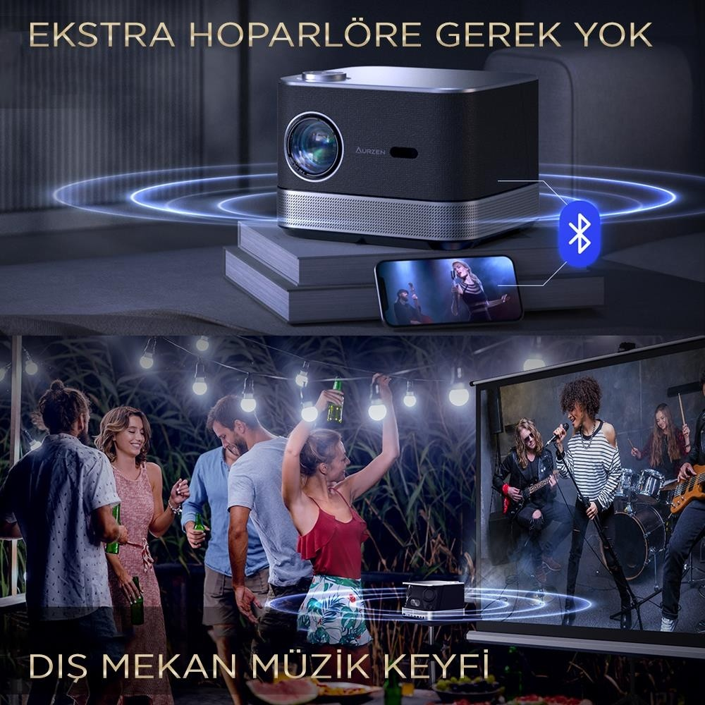 Kitapların üzerinde projektör, yanında müzikli telefon. Altta müzik grubuyla parti.