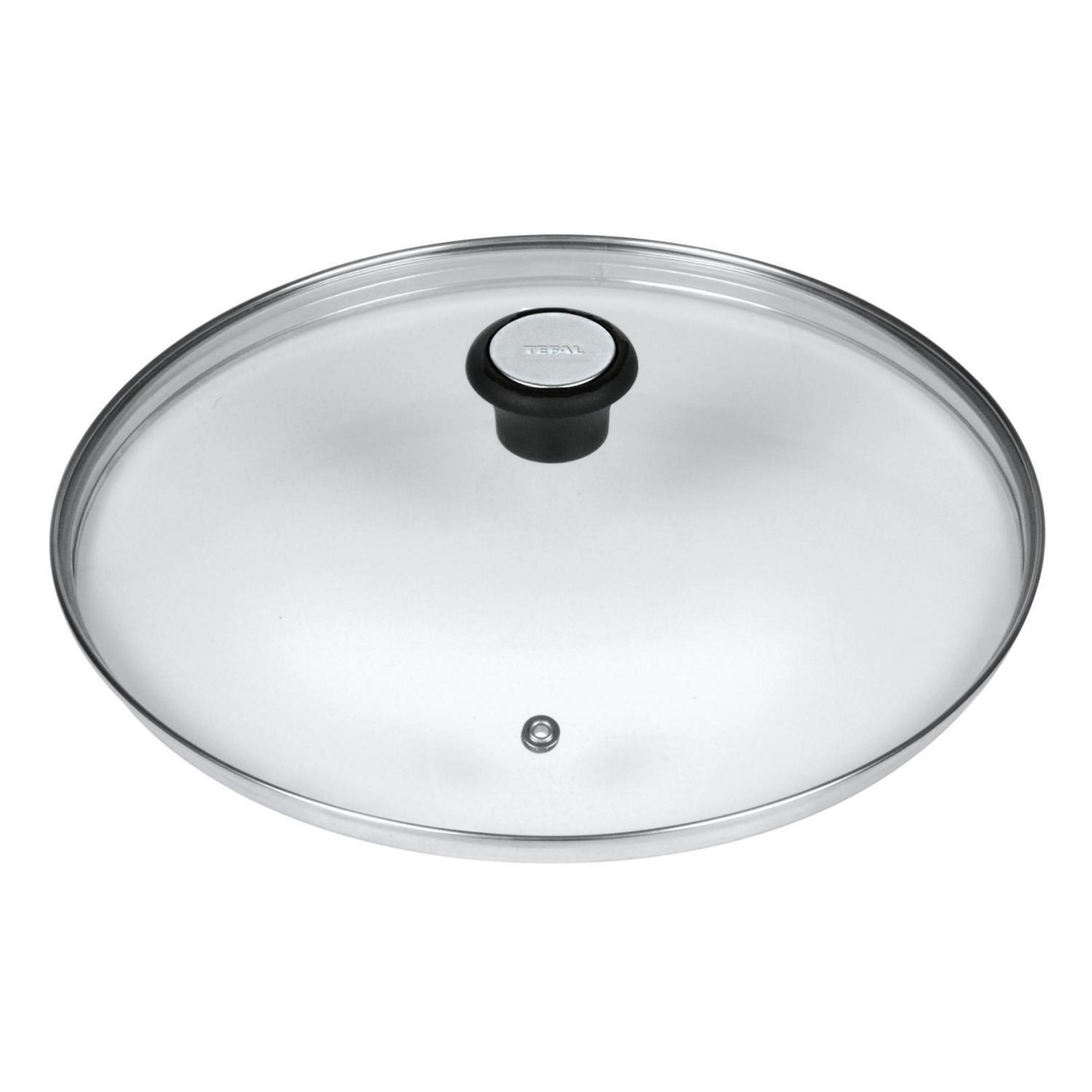 Glasdeckel mit schwarzem Griff und Tefal-Logo, silberner Rand.