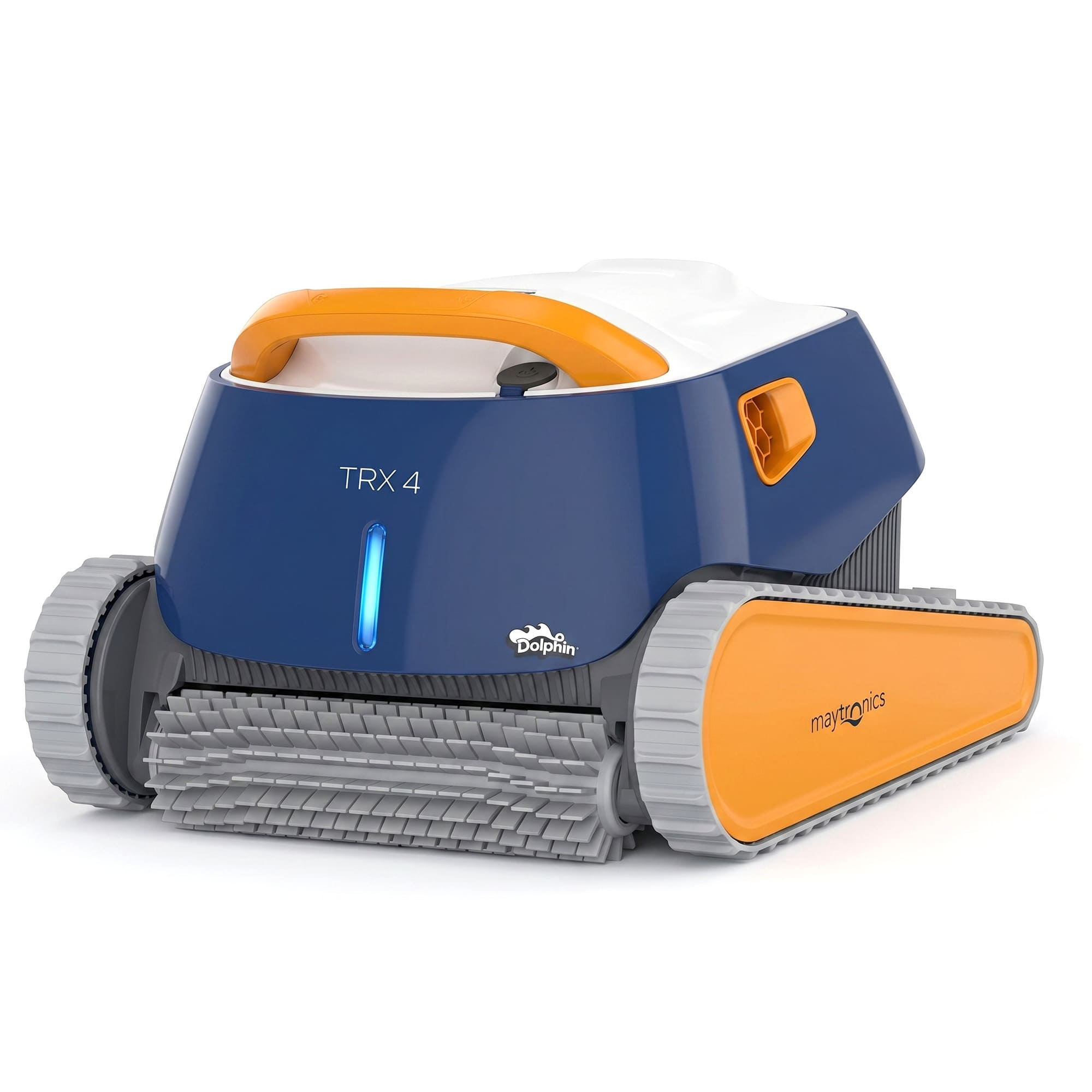 Un robot de piscina azul y naranja con ruedas y cepillos.