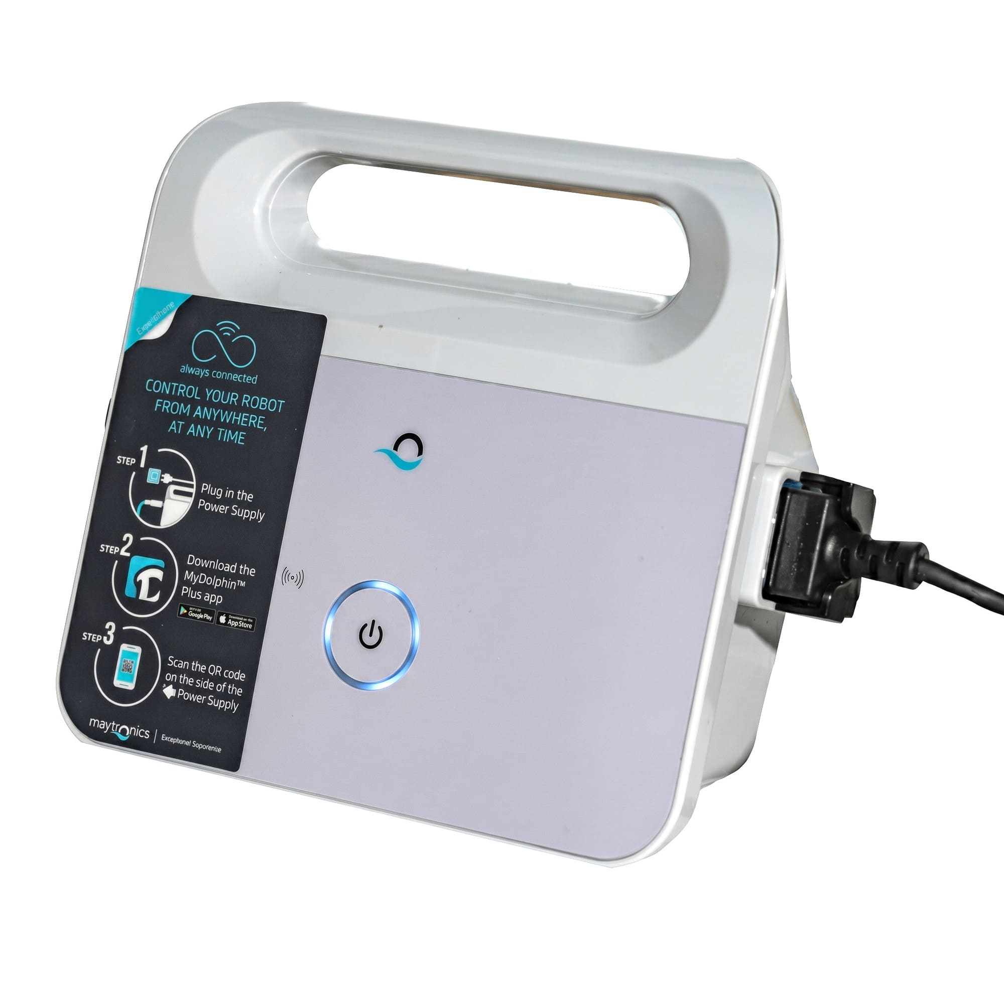 Fuente de alimentación blanca para robot de piscina con botón de encendido y enchufe.