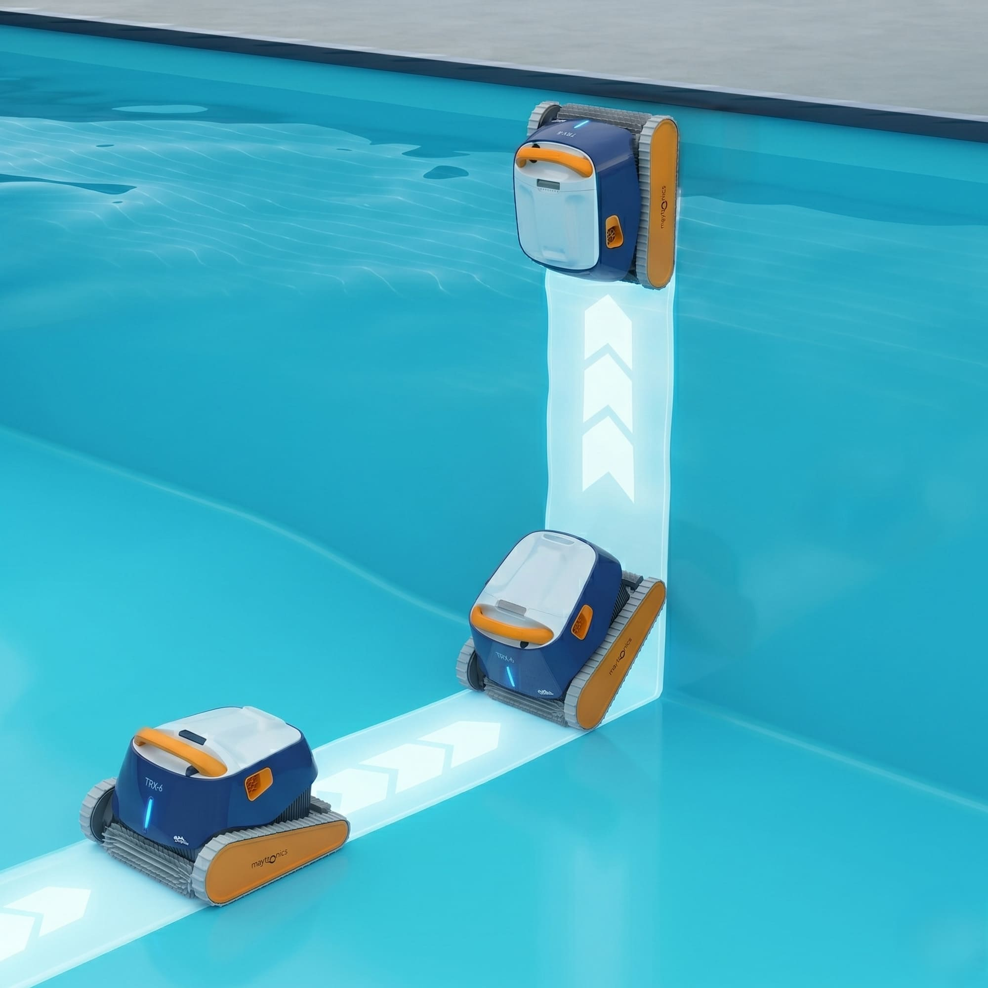 Tres limpiafondos azules y naranjas se mueven por un camino brillante en el agua.
