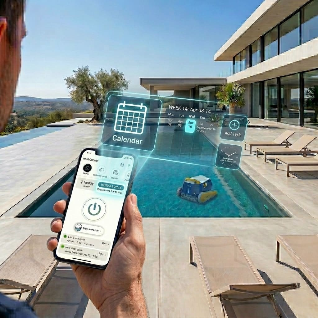 Hombre opera robot de piscina con app frente a casa moderna.