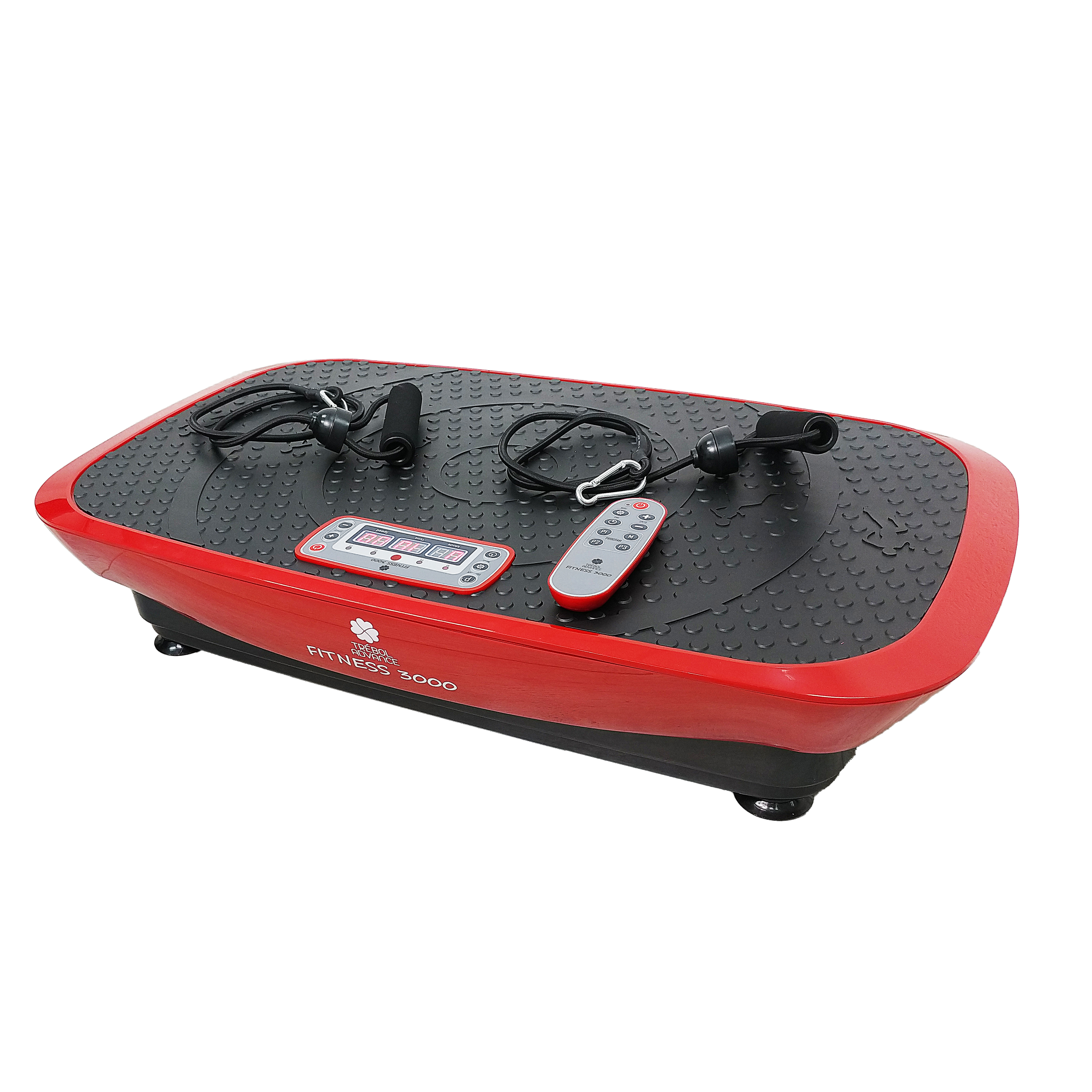 Plataforma vibratoria roja con bandas de resistencia negras y mando.