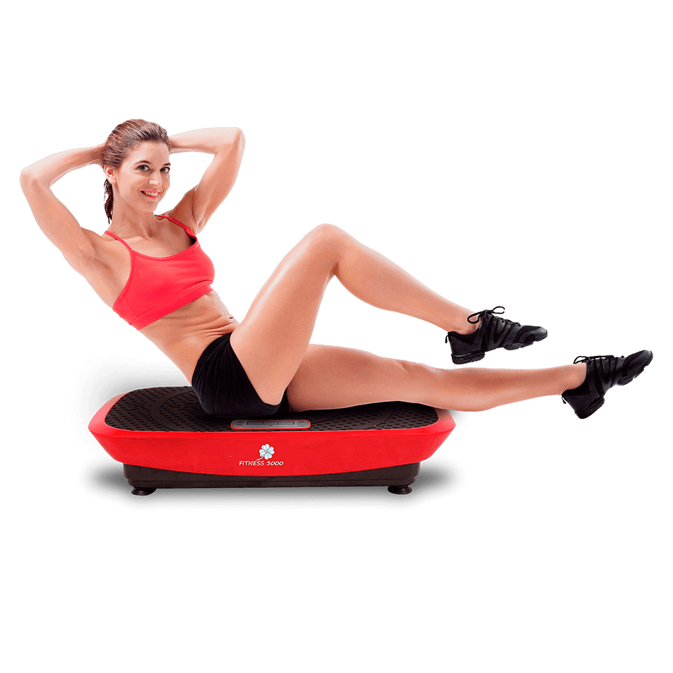 Mujer haciendo abdominales sobre una placa vibratoria roja.