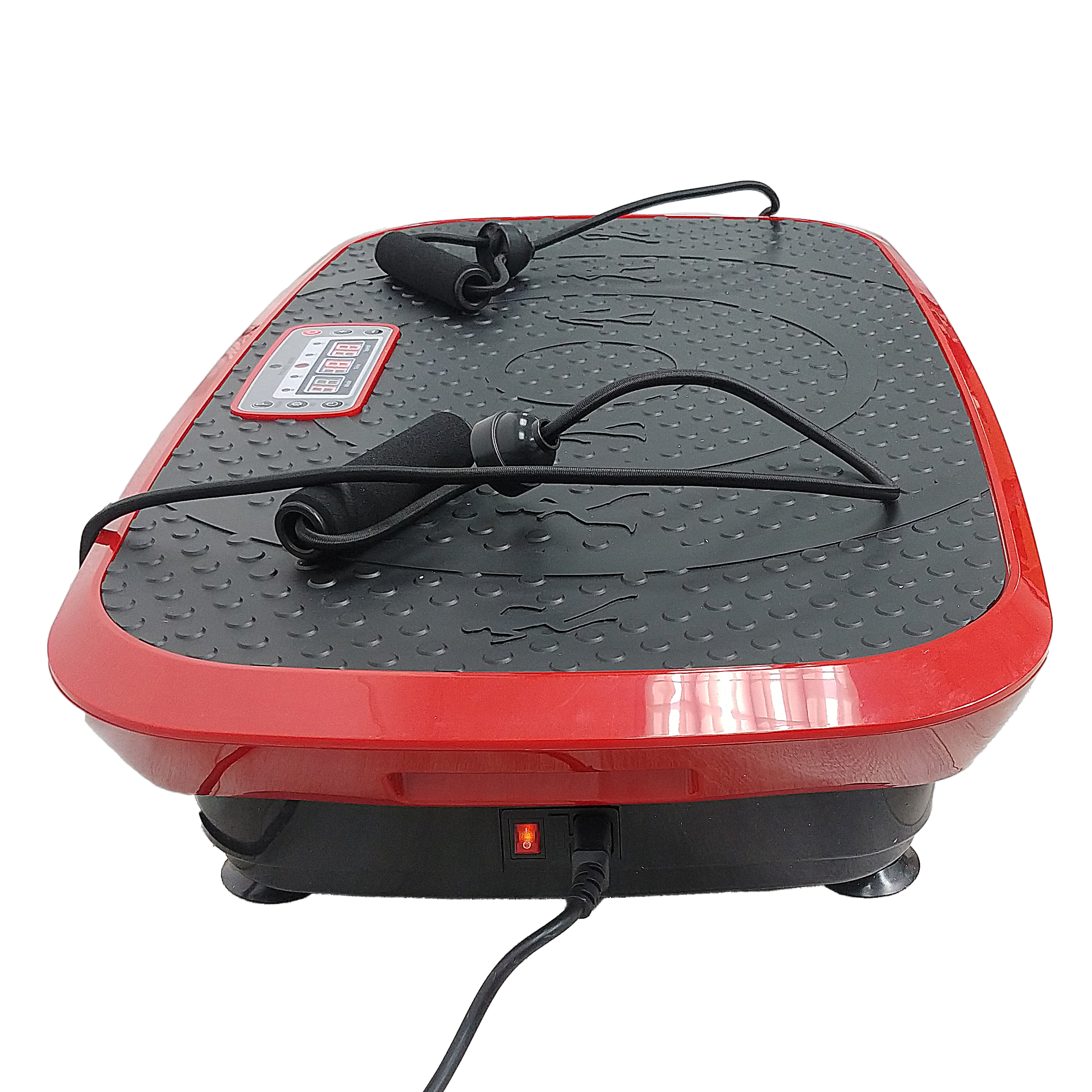 Plataforma vibratoria roja con superficie negra, cuerdas y pantalla.