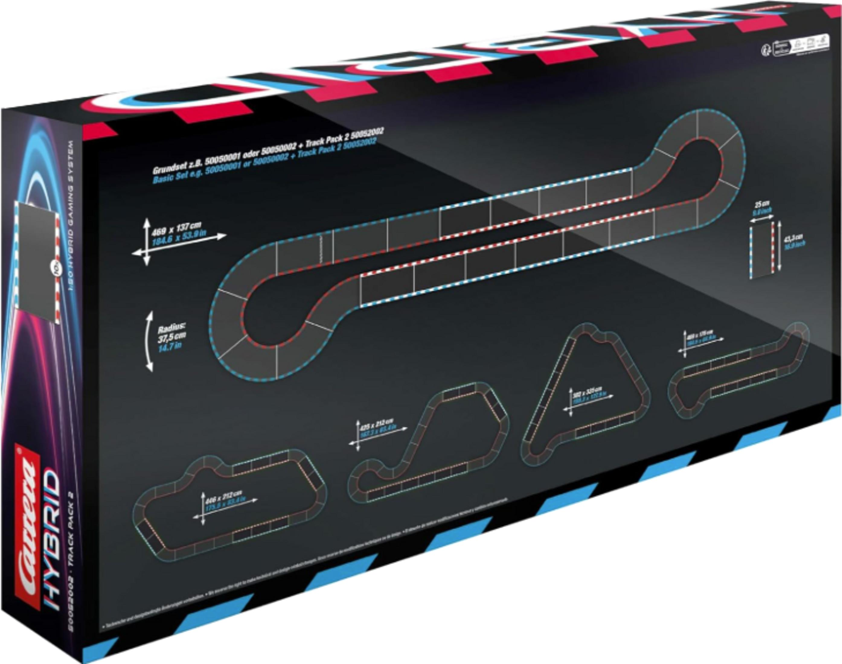 Carrera Hybrid Track Pack 2 Box mit Rennstreckenteilen und Maßen.
