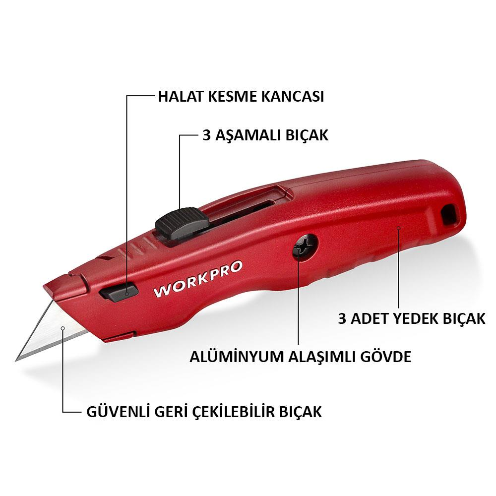 Geri çekilebilir bıçaklı ve alüminyum alaşımlı gövdeli kırmızı maket bıçağı.