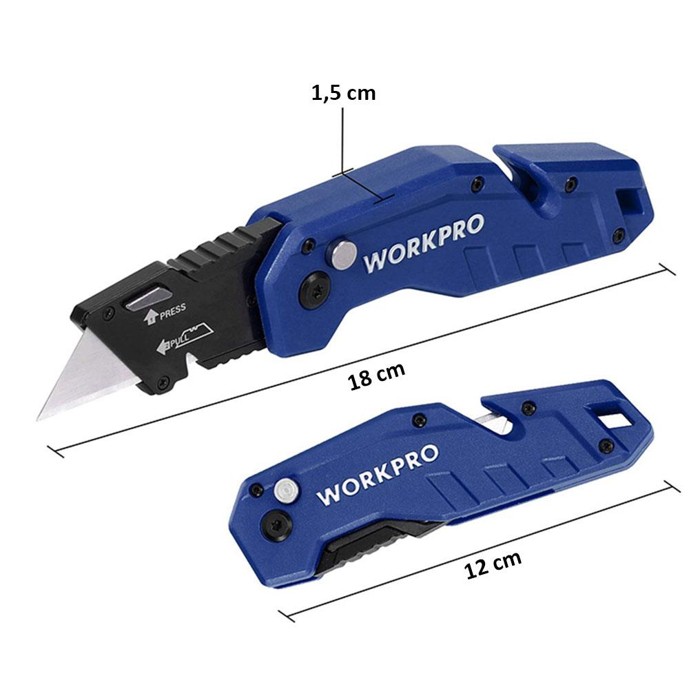 Mavi WORKPRO maket bıçağı, 18 cm açık, 12 cm kapalı. Bıçak genişliği 1,5 cm.