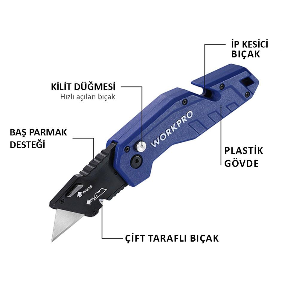Gümüş bıçaklı mavi Workpro maket bıçağı, etiketli.