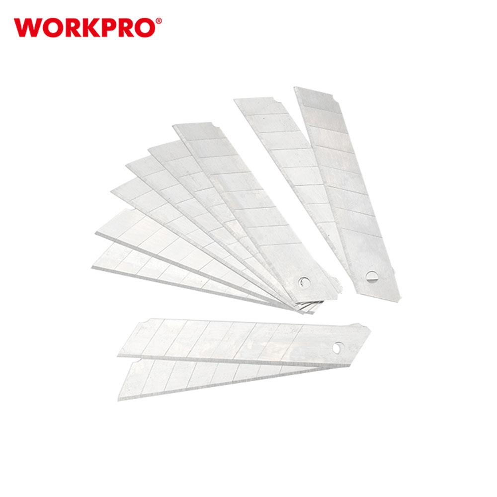 WORKPRO logosu, küçük, gümüş, dikdörtgen maket bıçağı uçlarının yelpazesi üzerinde.