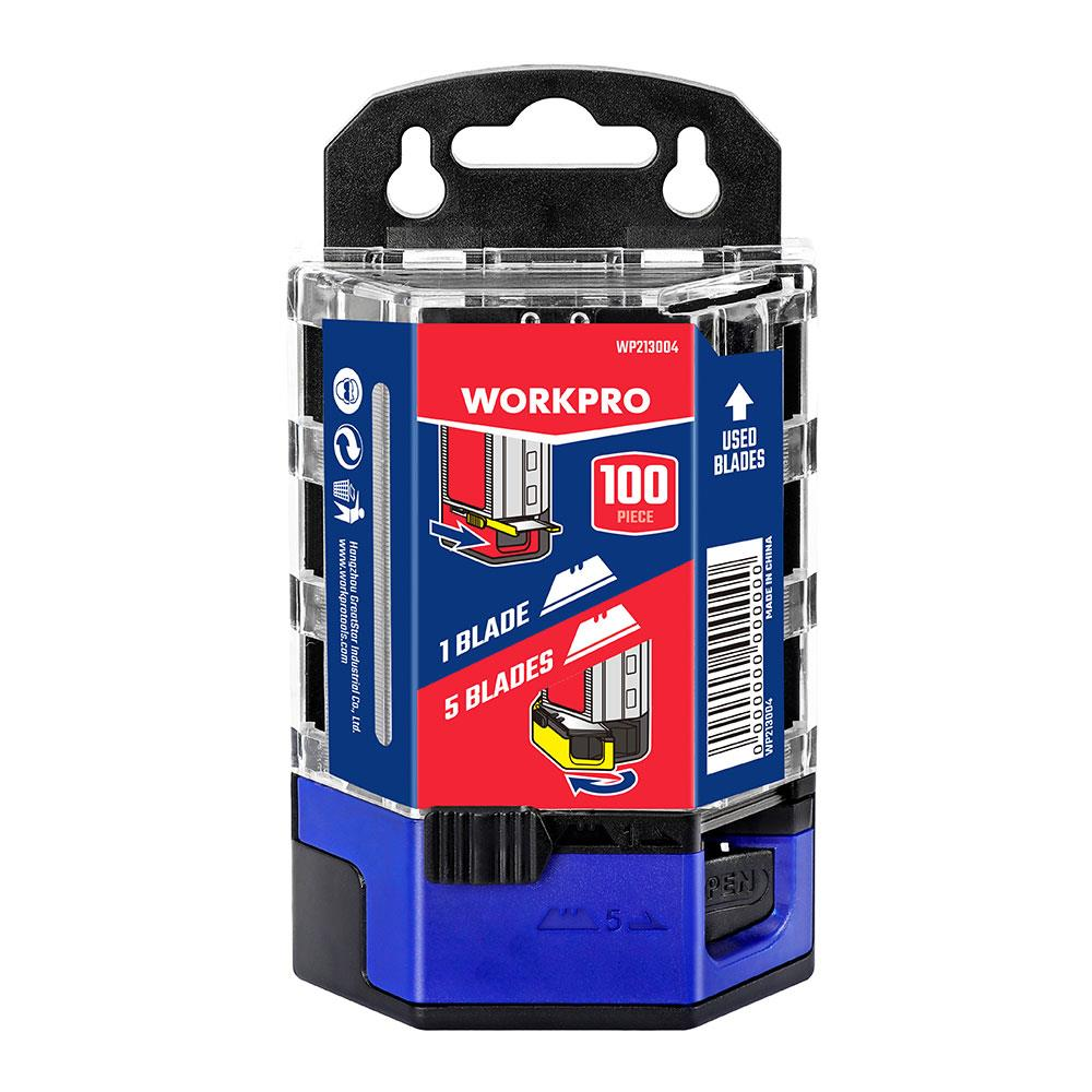 100 adet Workpro bıçağı içeren, mavi ve kırmızı renkli, barkodlu ambalaj.