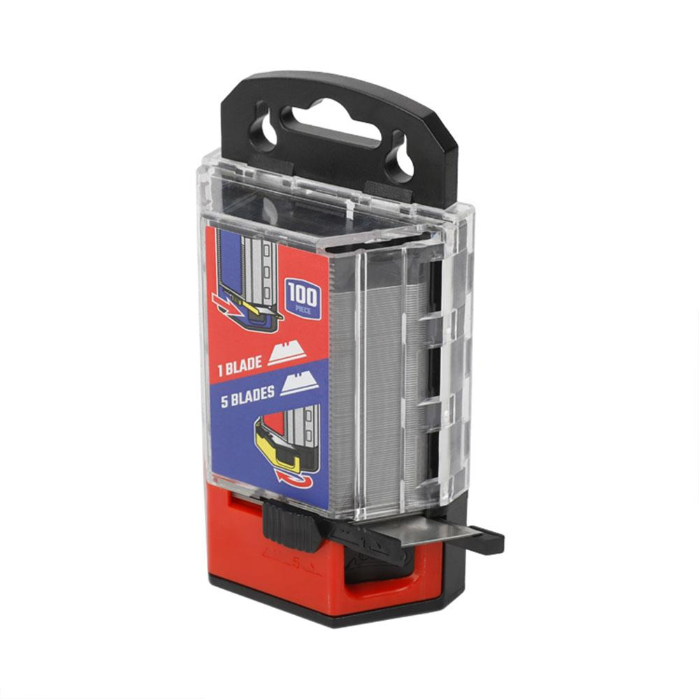 100 bıçaklı dispenser, kırmızı tabanlı, şeffaf üstlü. Etiketlerde '1 bıçak' ve '5 bıçak' yazar.