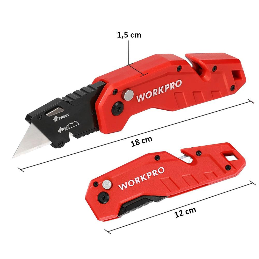 İki kırmızı WORKPRO maket bıçağı, biri 18 cm, diğeri 12 cm.