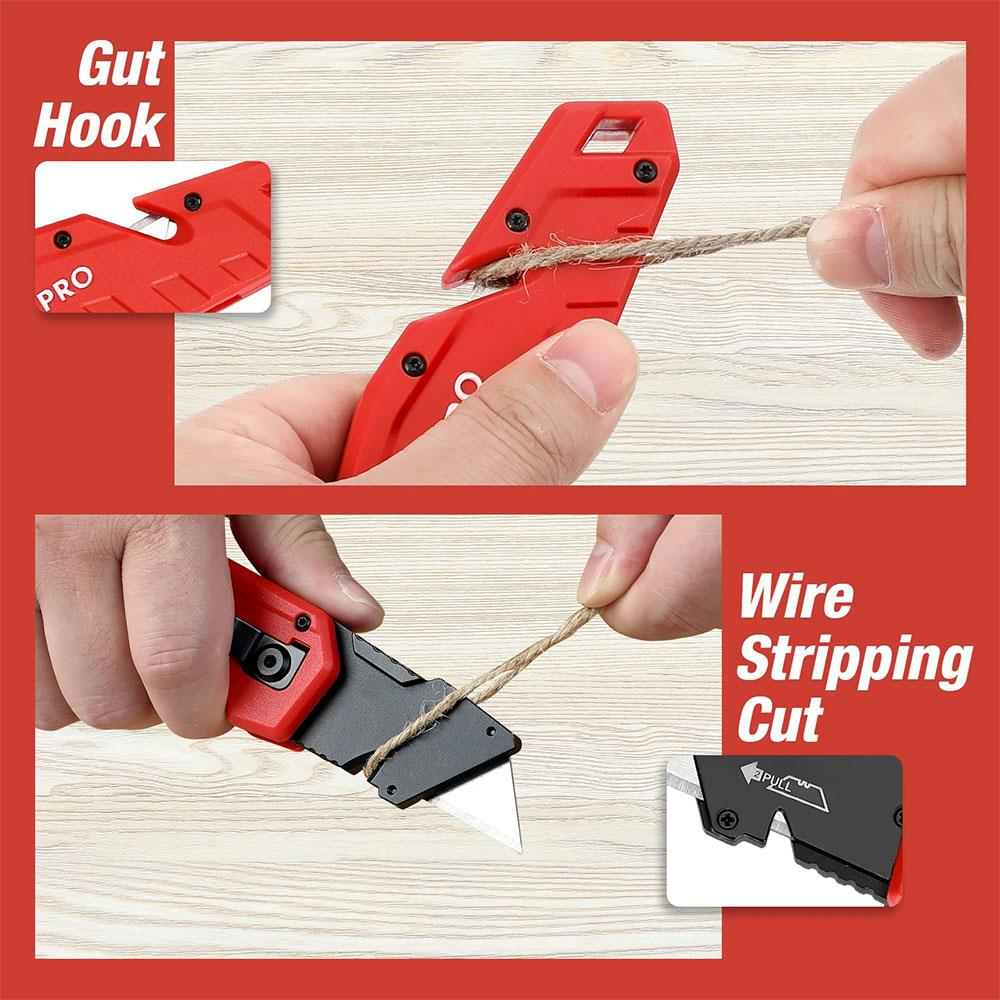 Kırmızı maket bıçağı ipi kesiyor ve soyuyor.