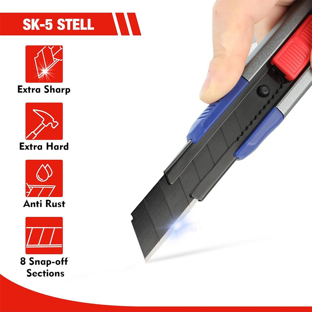 Mavi ve kırmızı saplı bir maket bıçağı, SK-5 STELL logosu ve keskinlik, sertlik, paslanmazlık simgeleri.