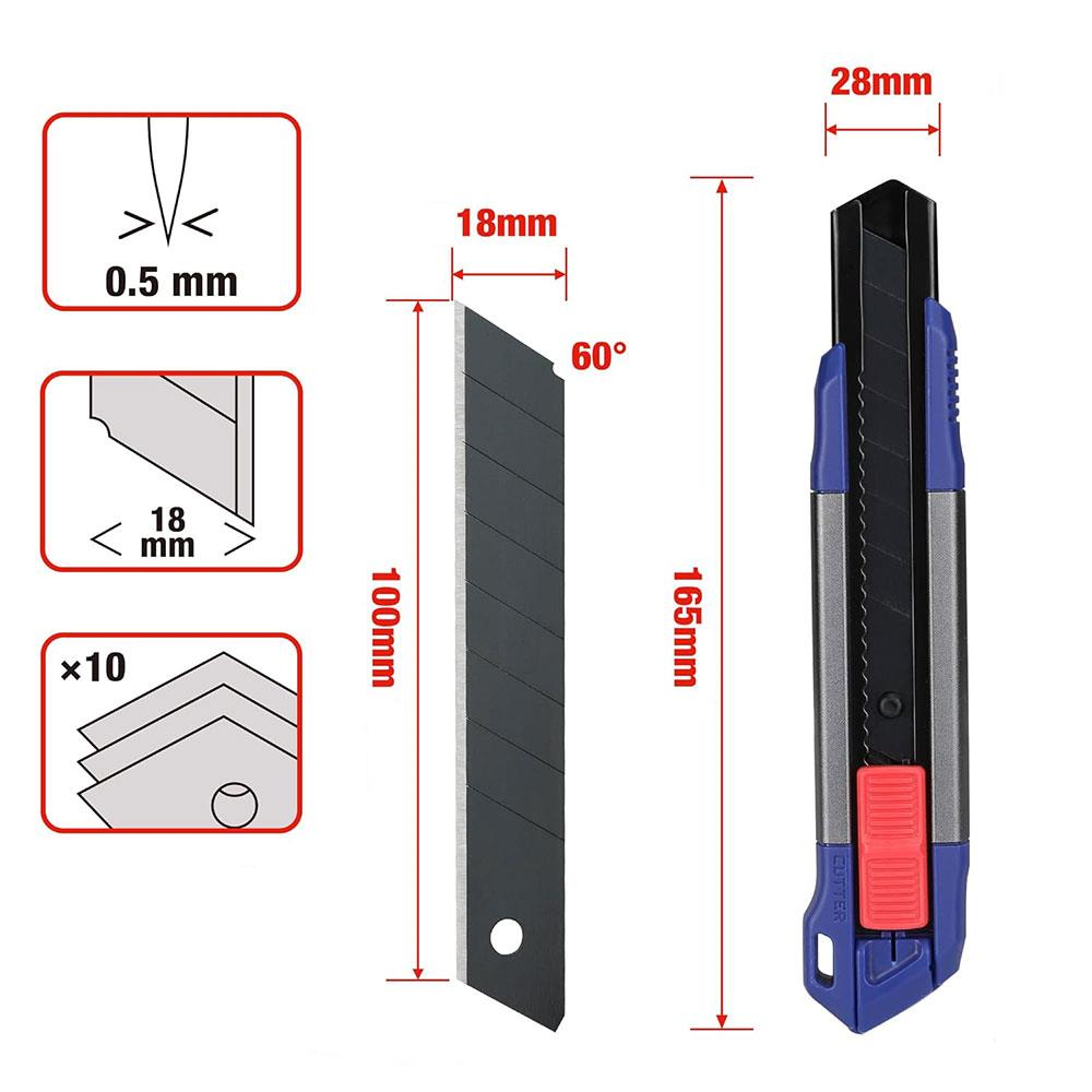 Maket bıçağı ve yedek bıçak boyutları: 165mm uzunluk, 28mm genişlik, 100mm bıçak, 18mm genişlik, 60° açı, 0,5mm kalınlık.
