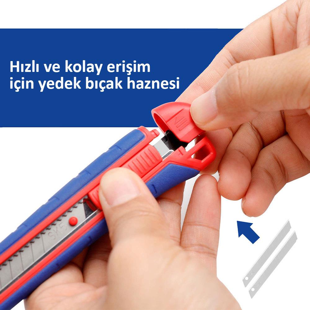 Yedek bıçaklı ve ok işaretli mavi-kırmızı maket bıçağı.