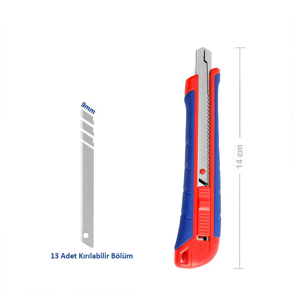 Yedek bıçaklı mavi ve kırmızı maket bıçağı. 14 cm uzunluğunda.