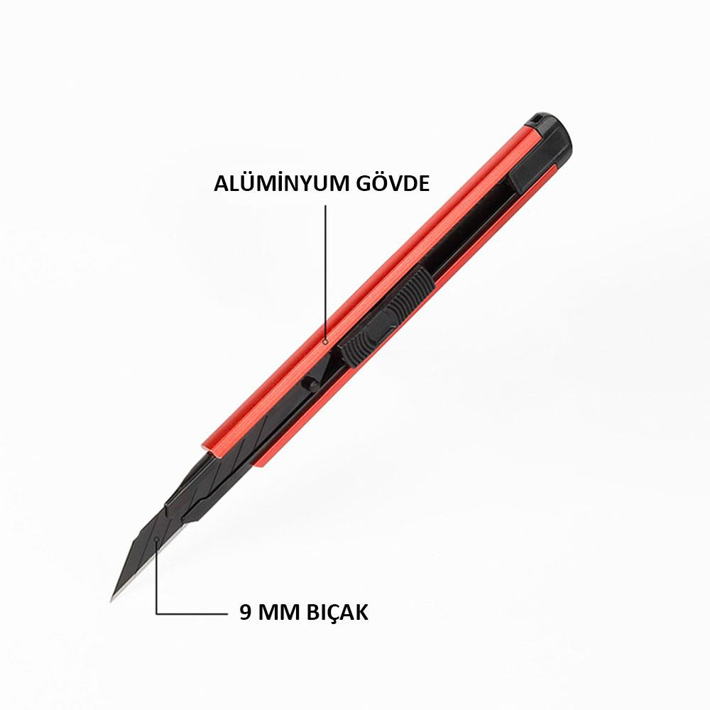 Alüminyum gövdeli, 9 mm bıçağı çıkmış kırmızı ve siyah maket bıçağı.
