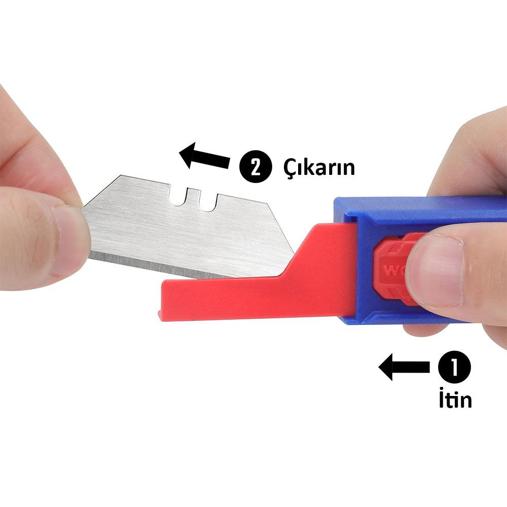 Bir parmak bıçak ağzını tutuyor. Kırmızı ve mavi parçalı bir alet.