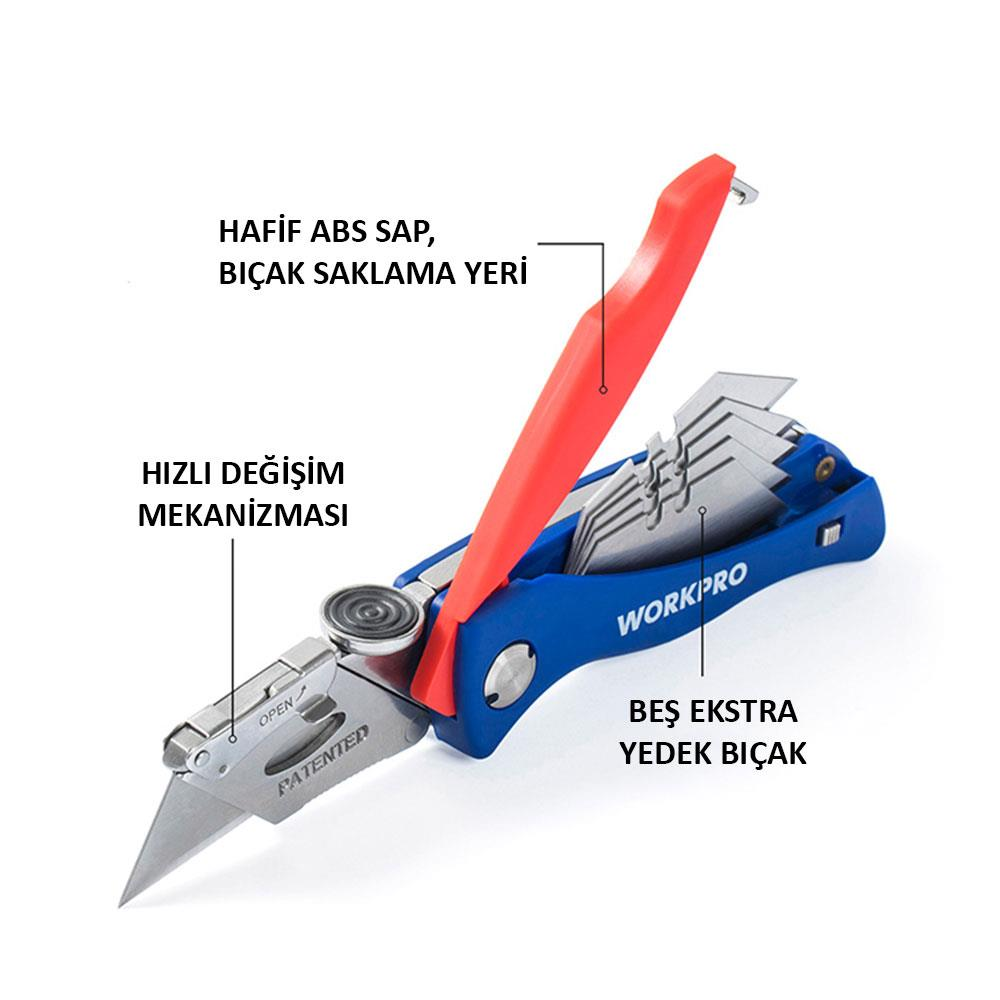 Yedek bıçaklı ve etiketli mavi ve kırmızı maket bıçağı.