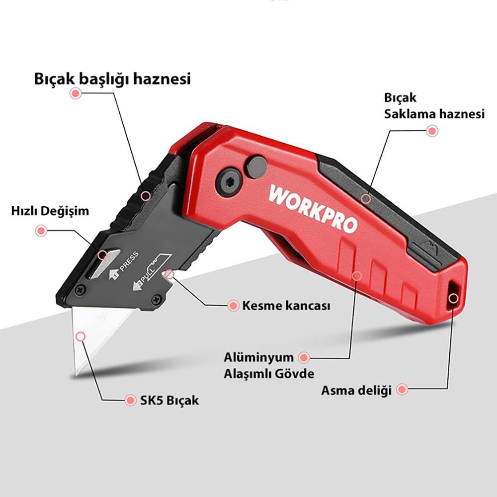 Siyah aksanlı kırmızı katlanır maket bıçağı, WORKPRO etiketli, bıçağı gösteriyor.