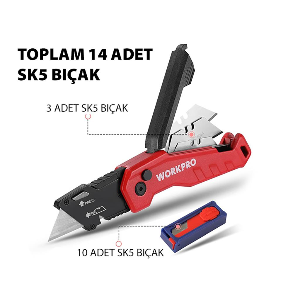 Siyah aksanlı kırmızı katlanır maket bıçağı ve yedek bıçaklar.