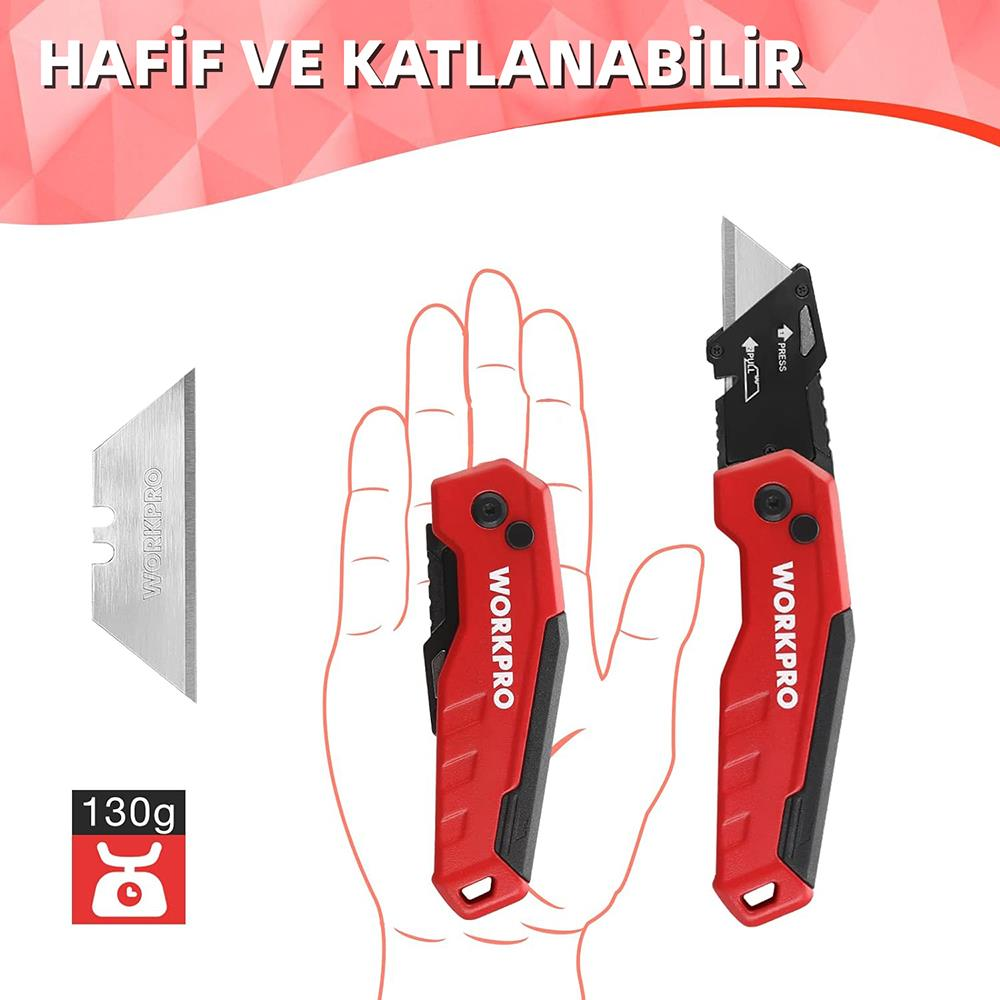 Yedek bıçaklı ve ağırlık göstergeli kırmızı katlanır bıçaklar.