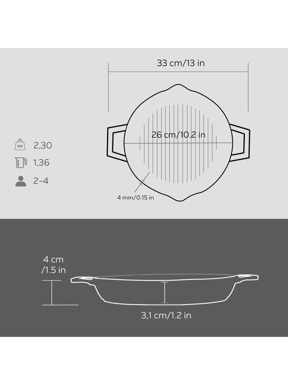 Tencere teknik çizimi boyutlarıyla: 33x26 cm, 4 mm kalınlık, 2,3 kg, 1,36 L, 2-4 kişilik.