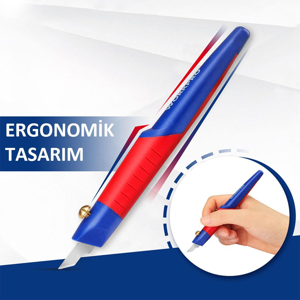 Ergonomik tasarımlı kırmızı ve mavi maket bıçağı.