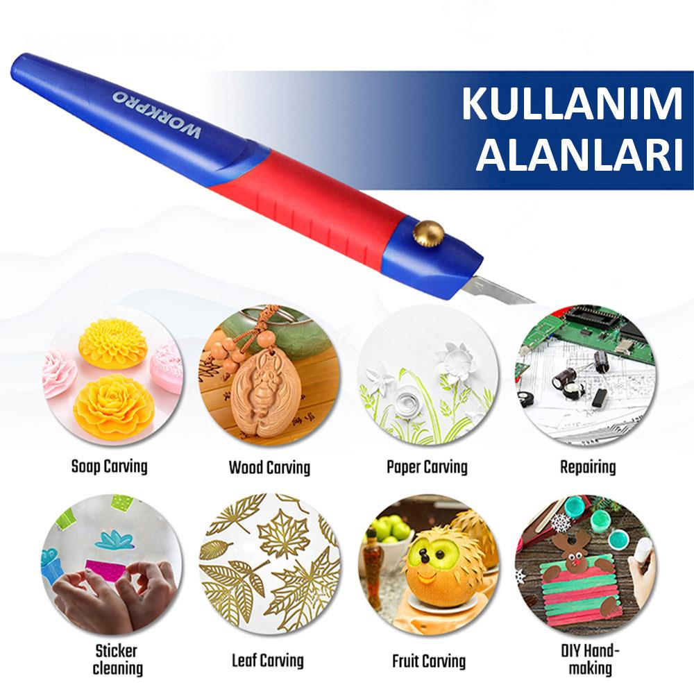 Kırmızı/mavi saplı el sanatları bıçağı, sabun, ahşap, kağıt, meyve oymacılığı örnekleri.