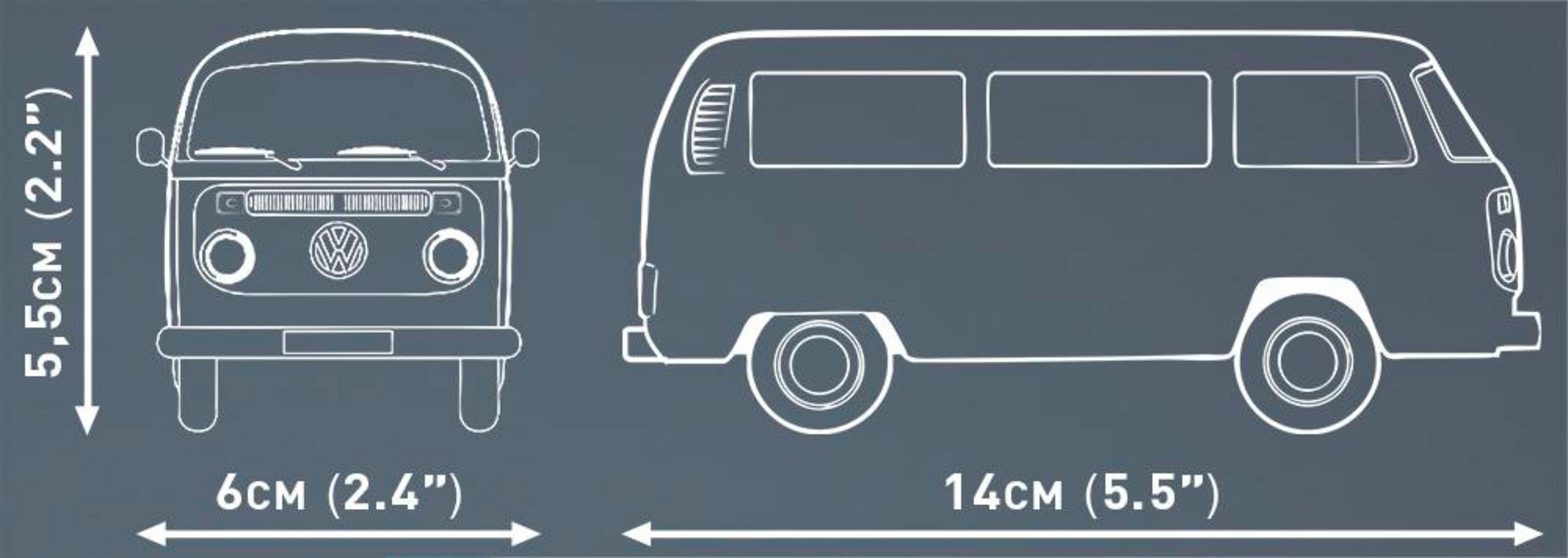 Blaupause eines Busses mit Maßen: Höhe 5,5 cm, Breite 6 cm, Länge 14 cm.
