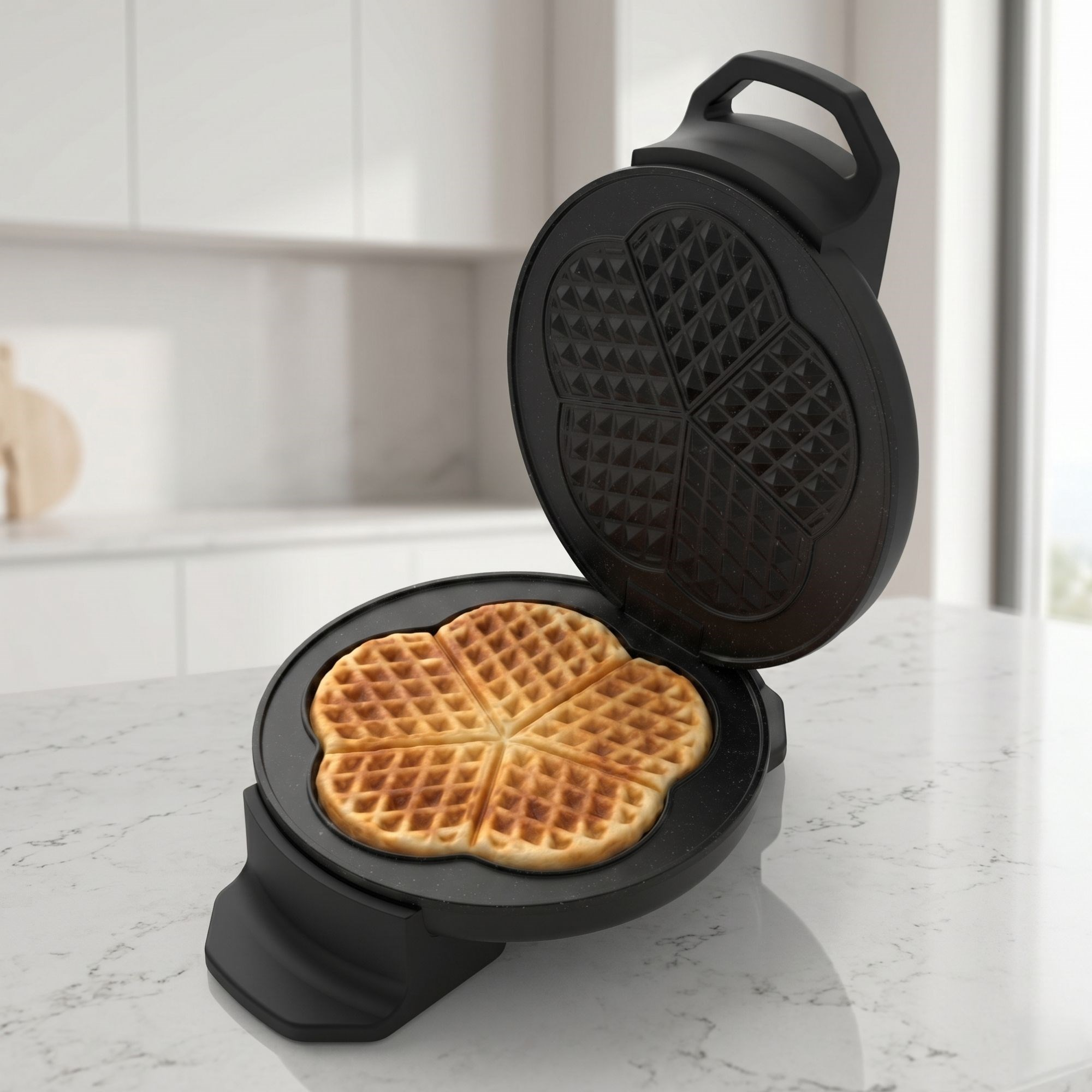 İçinde altın rengi kalp şeklinde bir waffle bulunan açık siyah waffle makinesi.