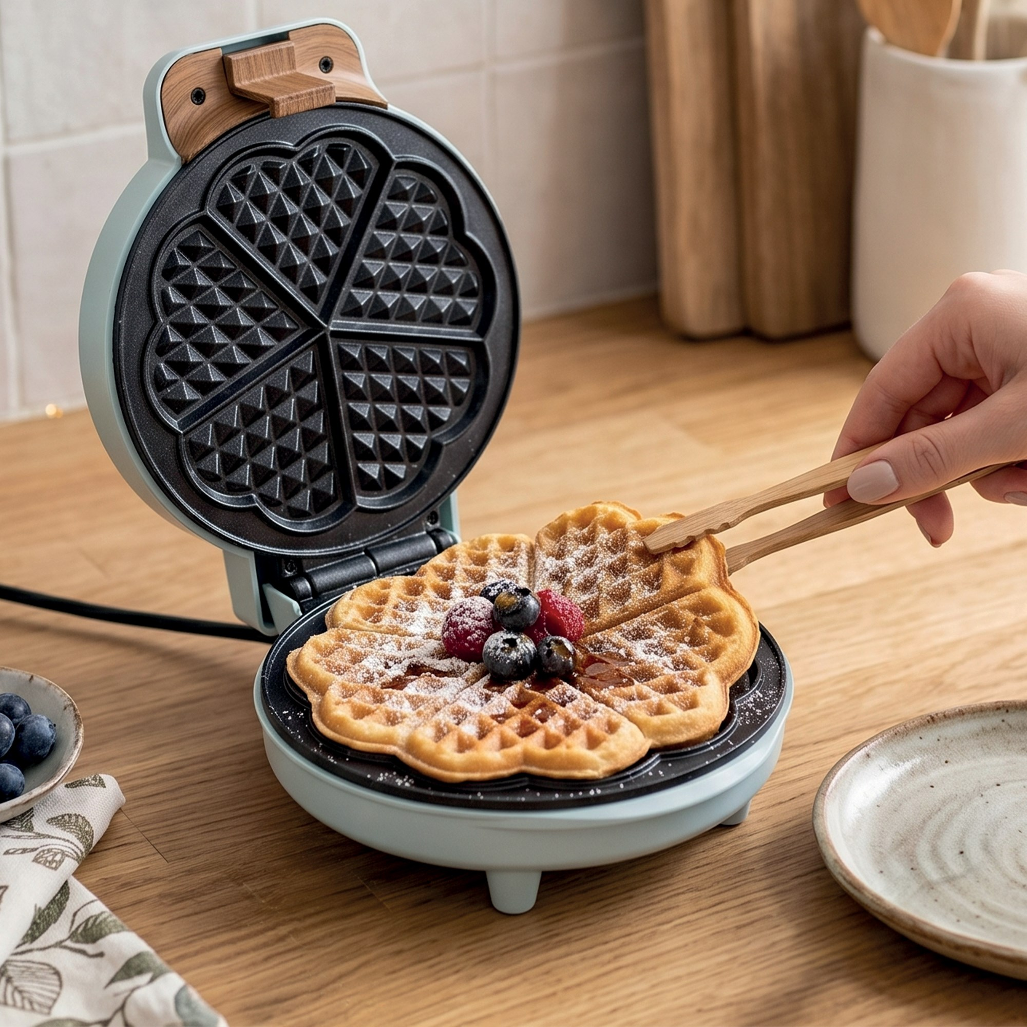 Bir el, açık, nane rengi waffle makinesinden kalp şeklinde bir gofreti çıkarmak için tahta maşa kullanıyor.