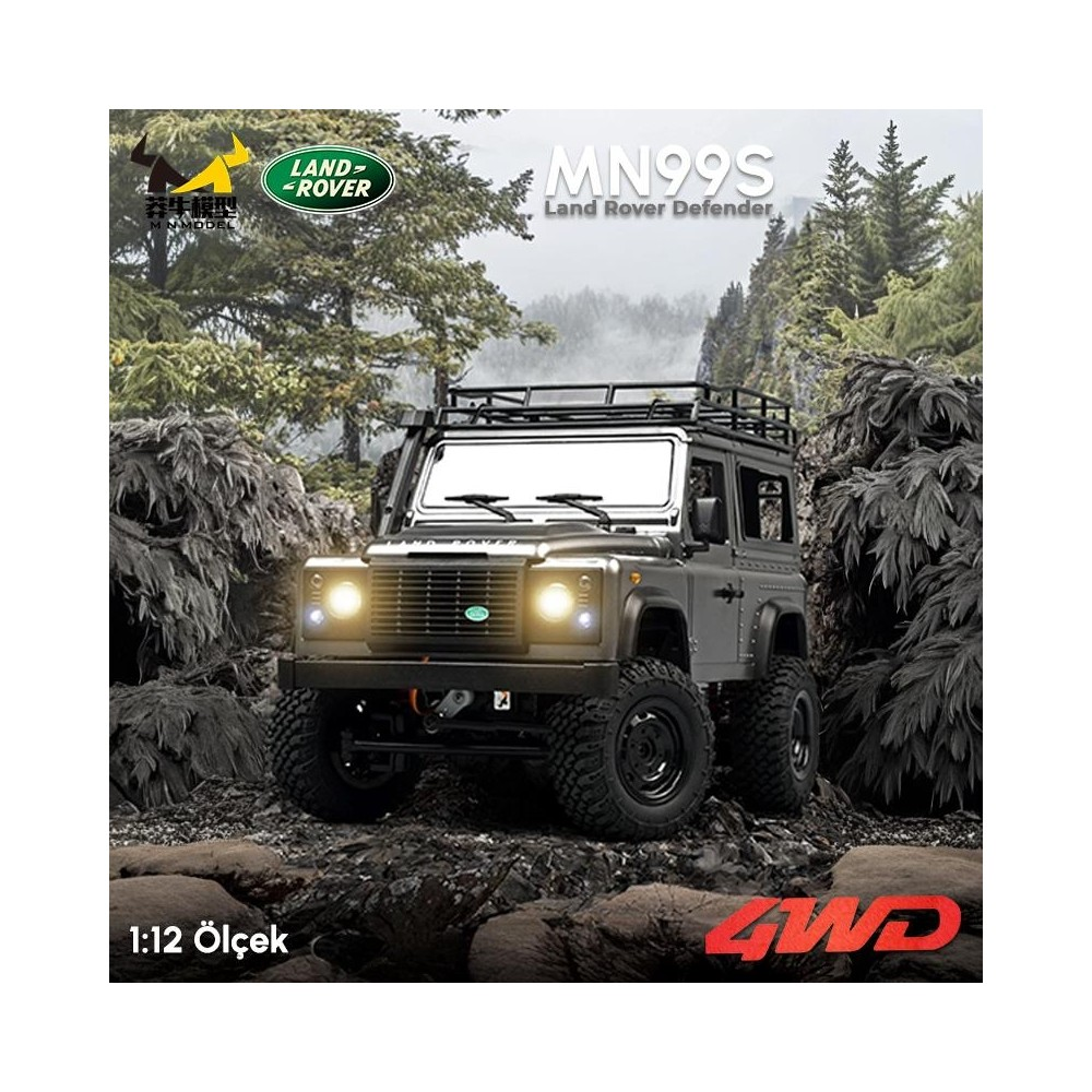 Gri Land Rover Defender RC araba arazide, 4WD logosuyla.