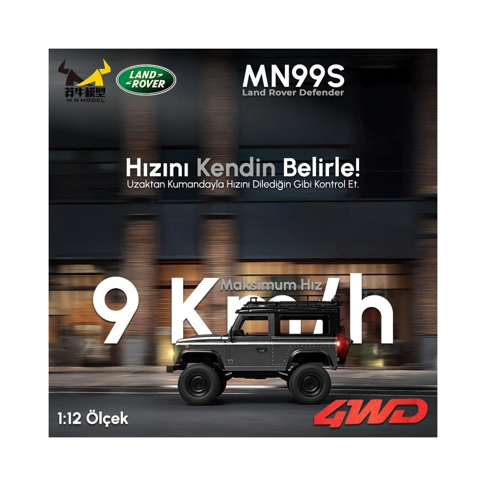 Gri 1:12 ölçekli Land Rover Defender model 4WD yazılı.