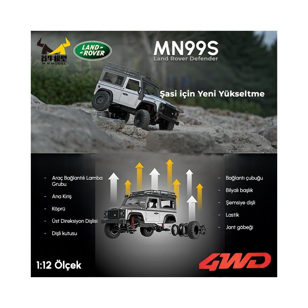 Gümüş renkli Land Rover Defender RC araç, kayalık arazide, yedek parçalar ve 4WD logosu.