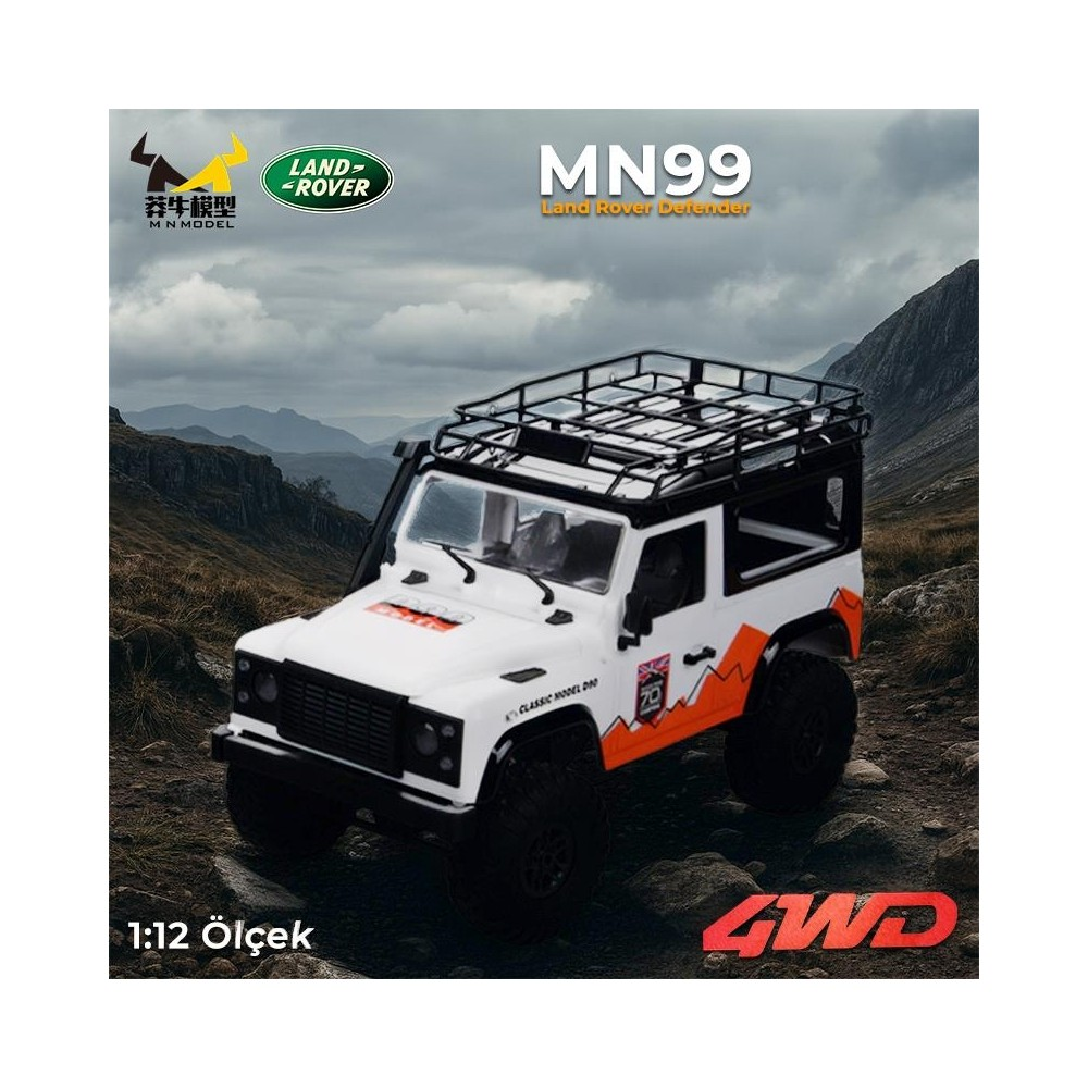 Tavan bagajlı beyaz Land Rover Defender uzaktan kumandalı oyuncak araba dış mekanda.