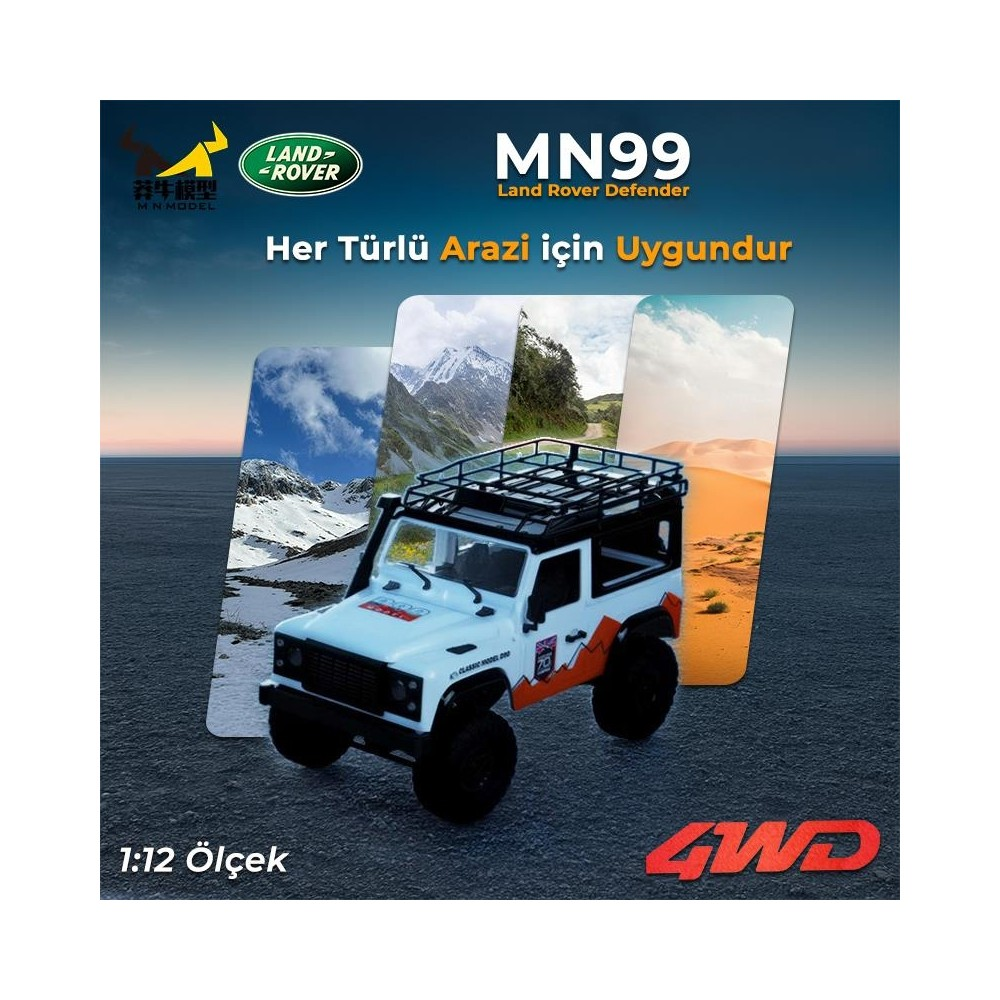 Tavan bagajlı beyaz Land Rover Defender model araç dağ, çöl ve deniz manzaraları önünde.