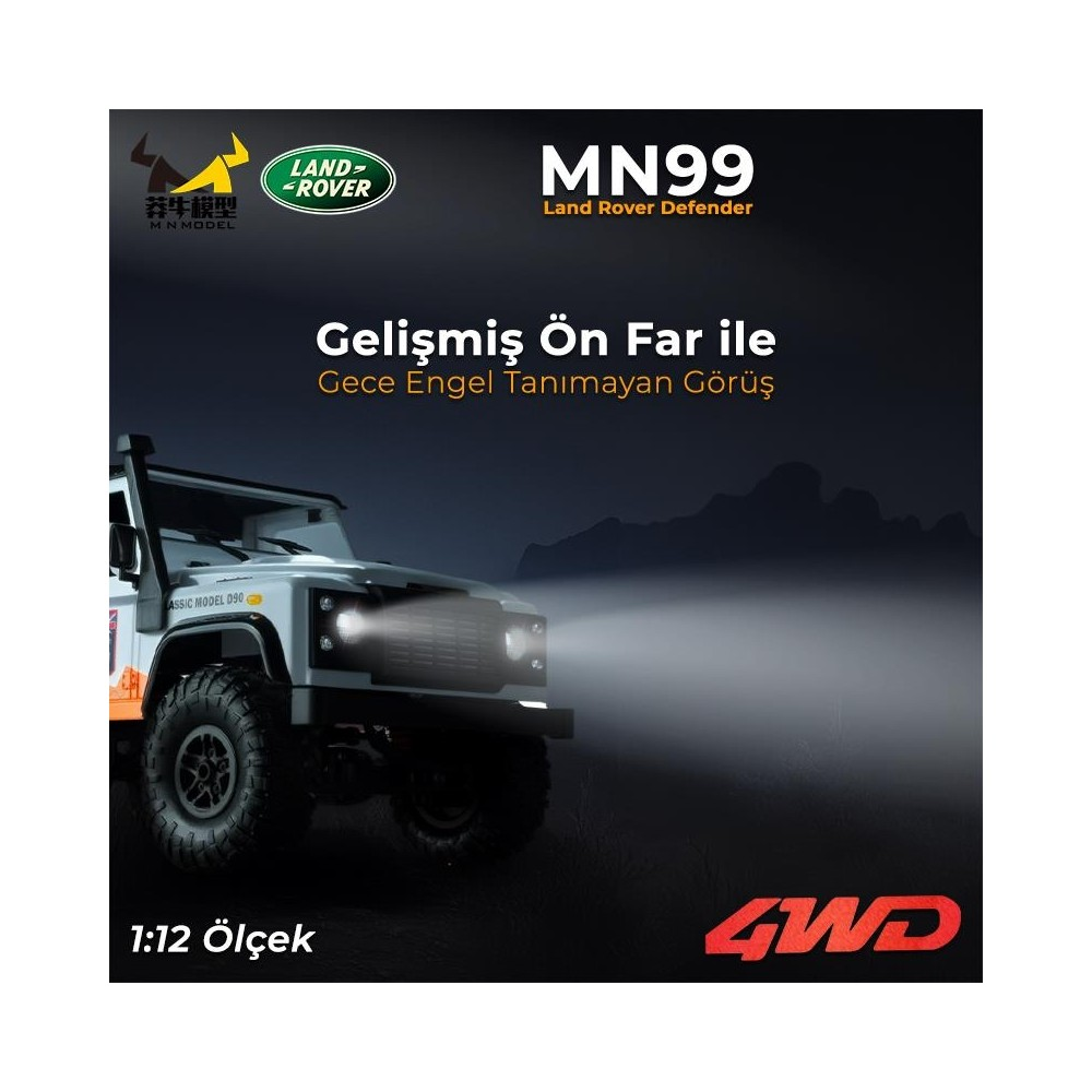 Farları yanan 1:12 ölçekli beyaz bir Land Rover Defender.