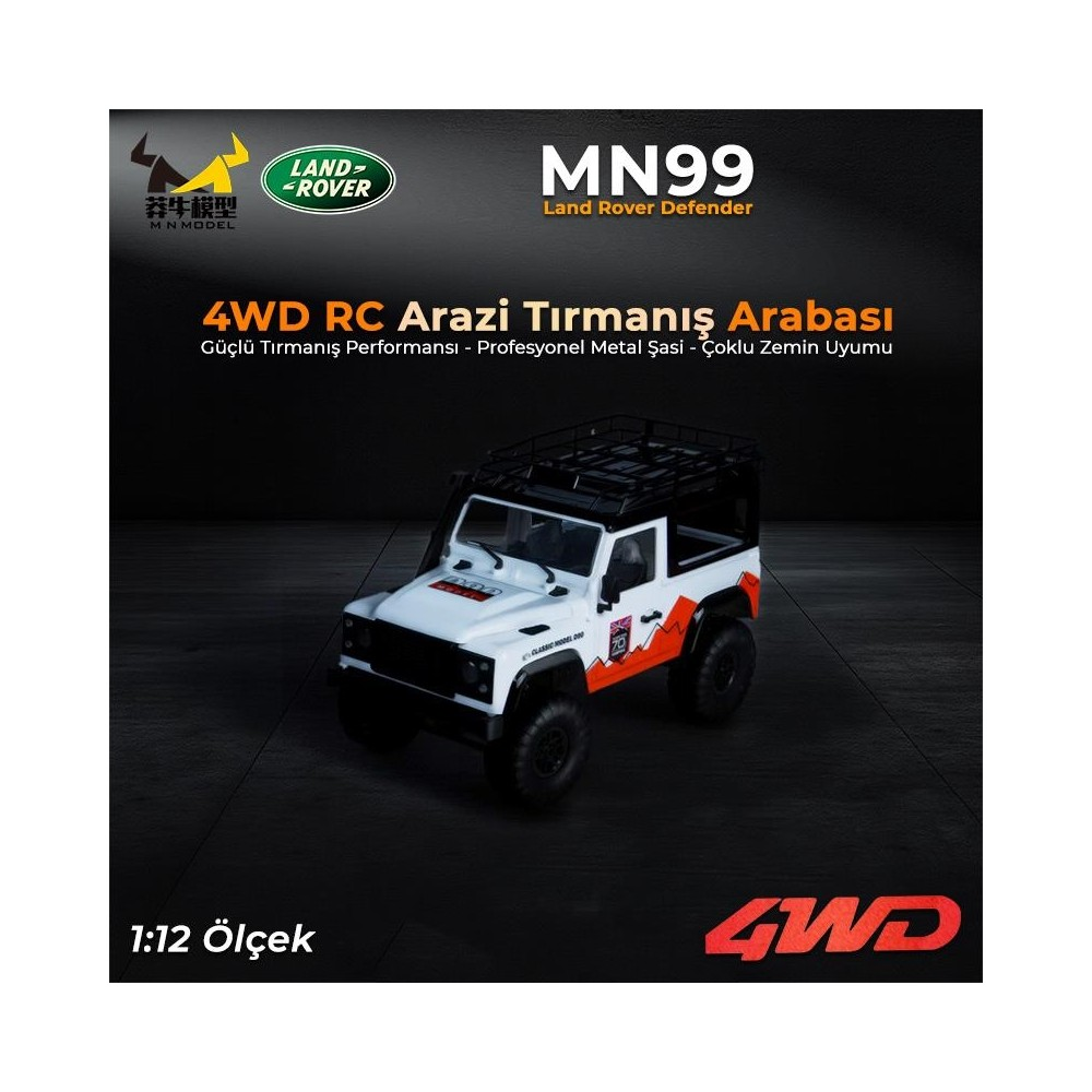 Siyah tavanlı ve tavan bagajlı beyaz bir Land Rover Defender RC arazi aracı.