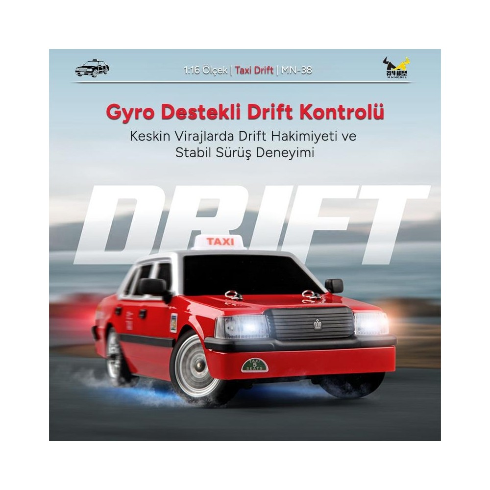 Kırmızı RC taksi, mavi dumanla gri yolda drift yapıyor.