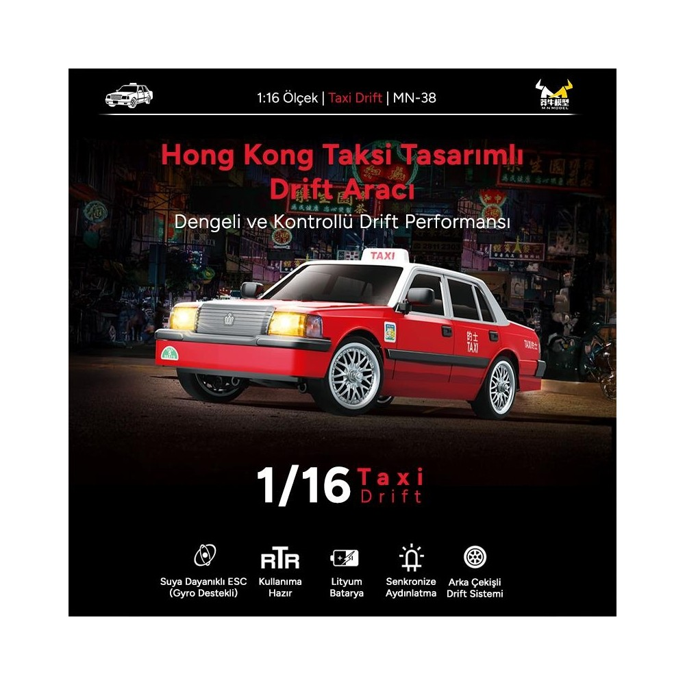 Kırmızı 1:16 ölçekli Hong Kong taksi tarzı drift RC araba.