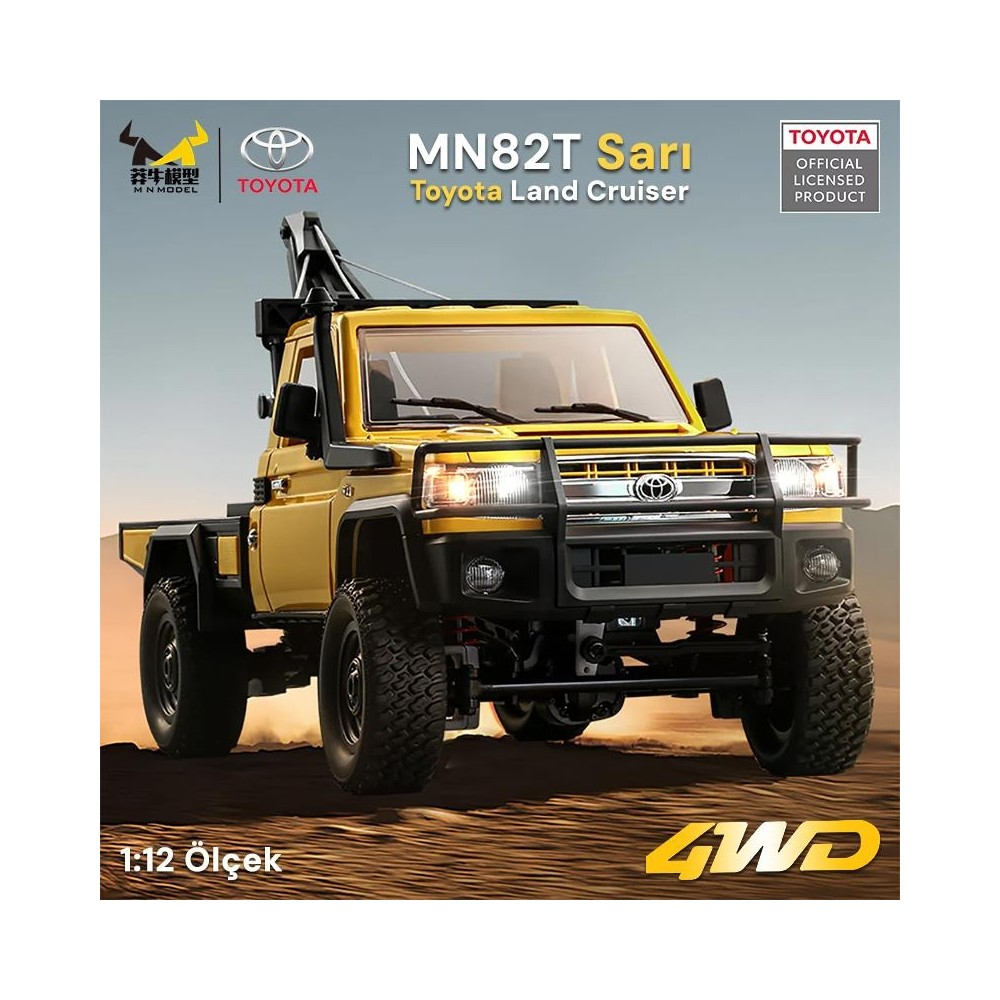 Sarı 1:12 ölçekli Toyota Land Cruiser, 4WD yazılı ve kurtarma vinçli.