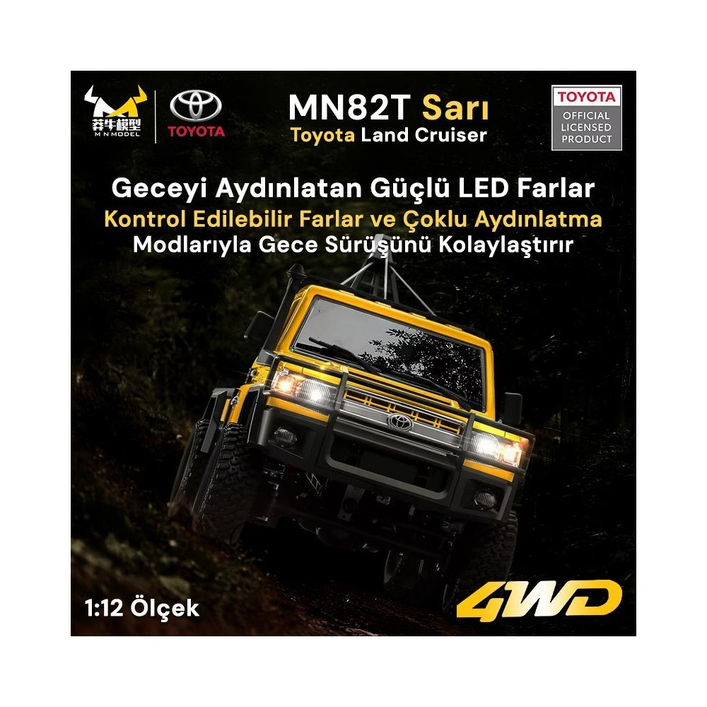 Sarı Toyota Land Cruiser kumandalı kamyon, karanlıkta parlak ışıklara sahip.