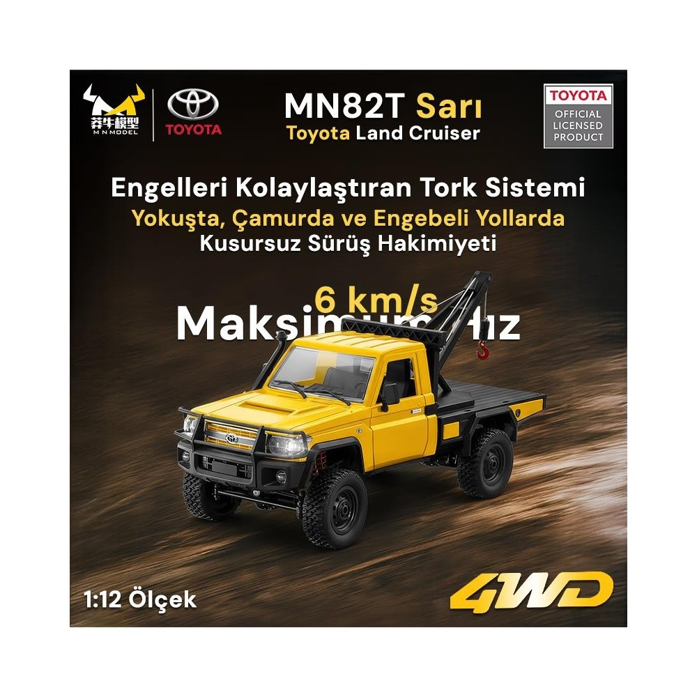 Sarı Toyota Land Cruiser vinçli, 1:12 ölçek, 4WD.