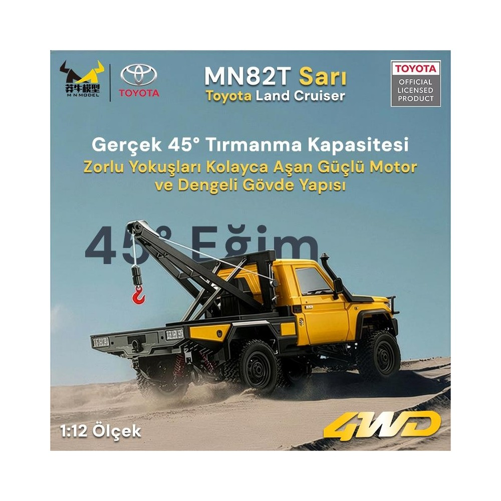 Sarı Toyota Land Cruiser vinçli kumda, 45° tırmanma, 4 çeker.