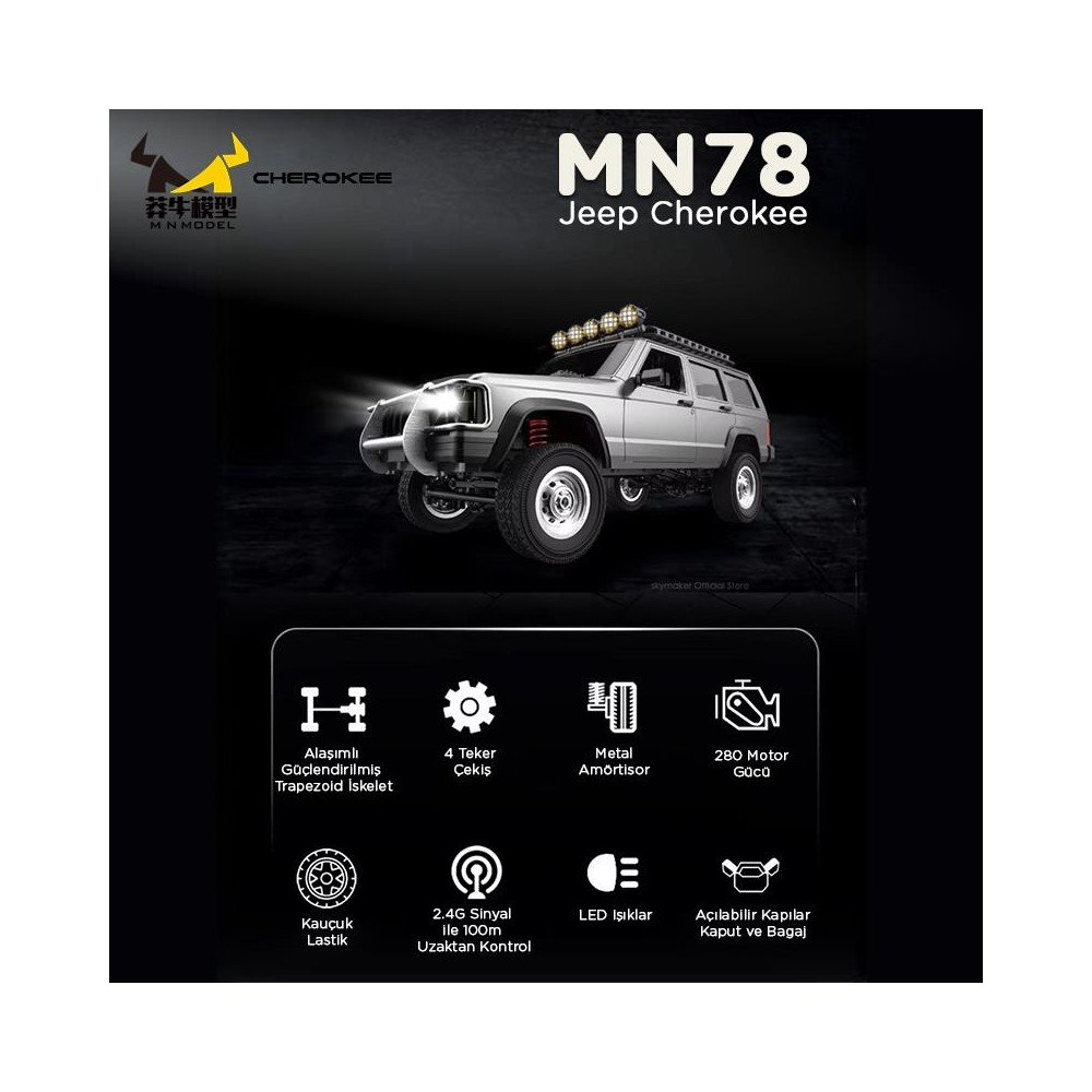 Metal amortisörlü, LED ışıklı, açılabilir kapılı gümüş Jeep Cherokee RC araba.